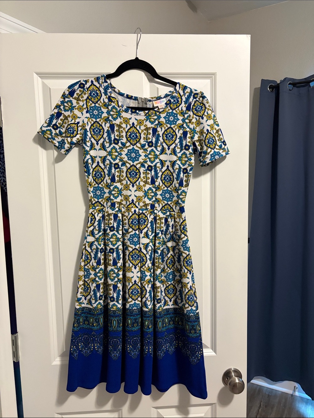 LuLaRoe Blue, White and Yellow Fit-and-Flare Midi Dress